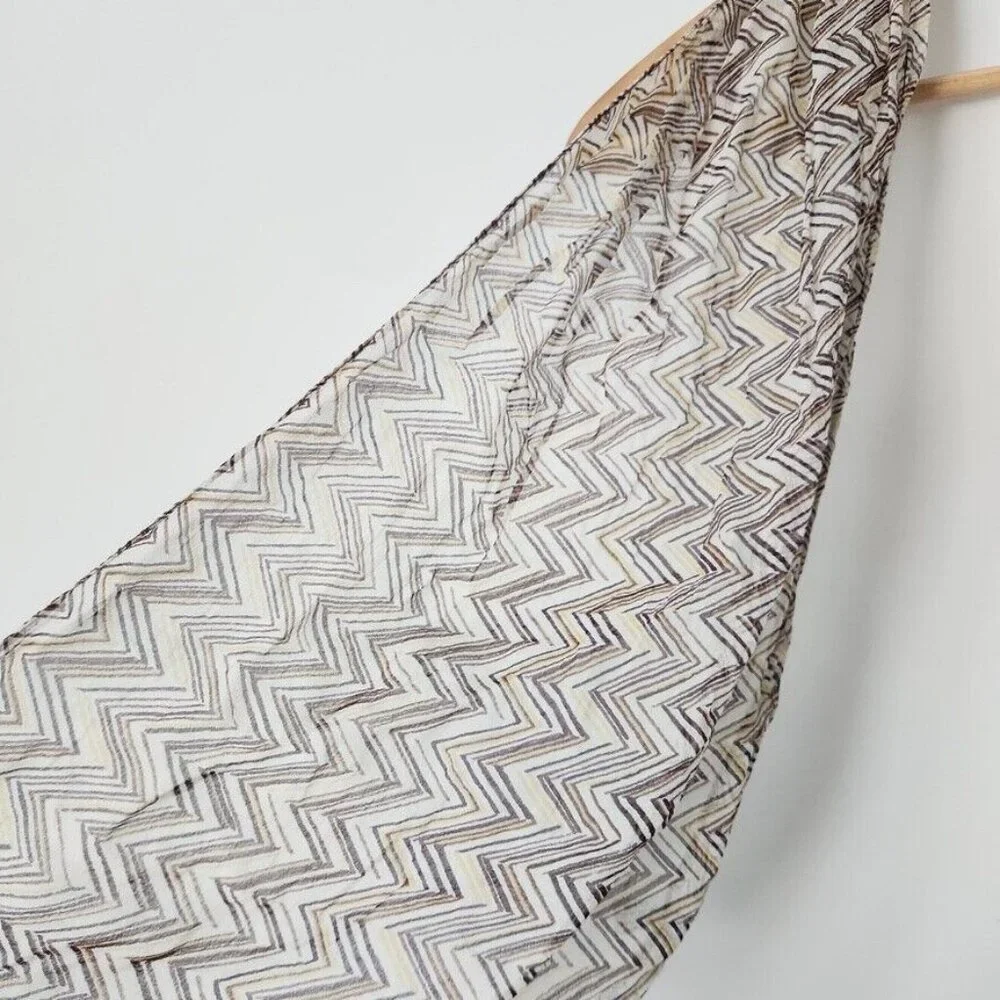 Y2K Skinny Scarf Zig Zag Print Lightweight India Brown Yellow Neutral Preppy Vtg
